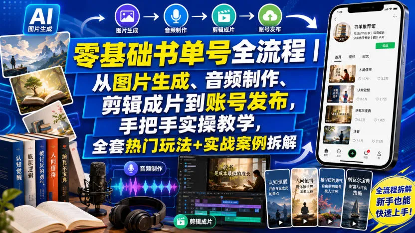 零基础书单号全流程｜从图片生成、音频制作、剪辑成片到账号发布，手把手实操教学，全套热门玩法+实战案例拆解-创客联盟