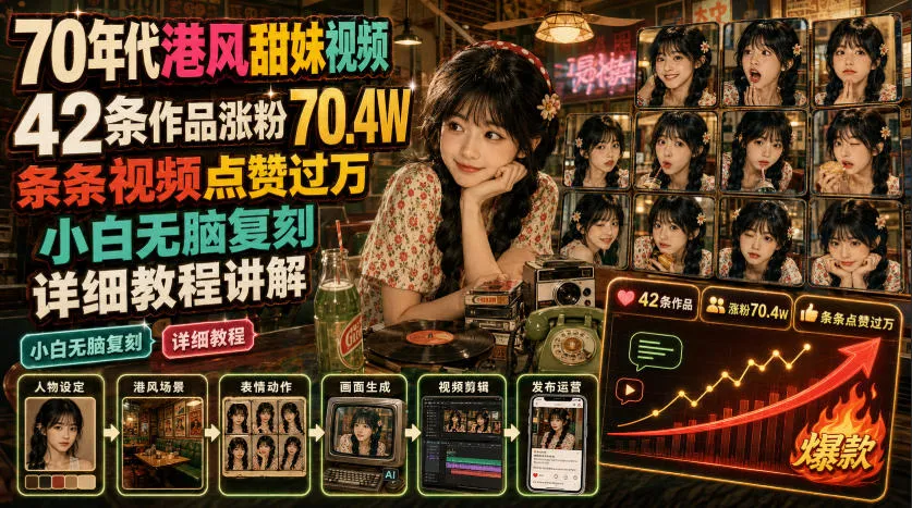 70年代港风甜妹视频，42条作品涨粉70.4W，条条视频点赞过万，小白无脑复刻，详细教程讲解-创客联盟