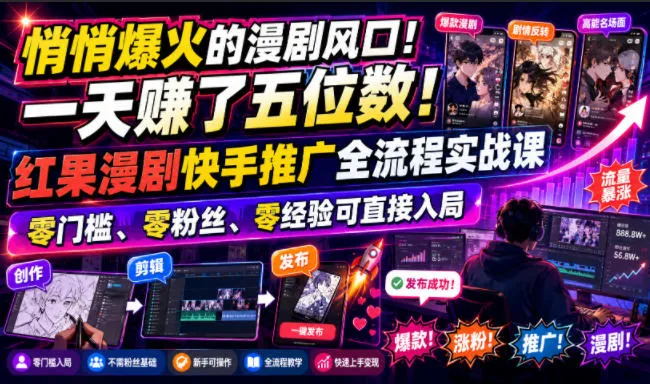 悄悄爆火的漫剧风口！一天賺了五位数！红果漫剧快手推广全流程实战课，零门槛、零粉丝、零经验可直接入局-创客联盟