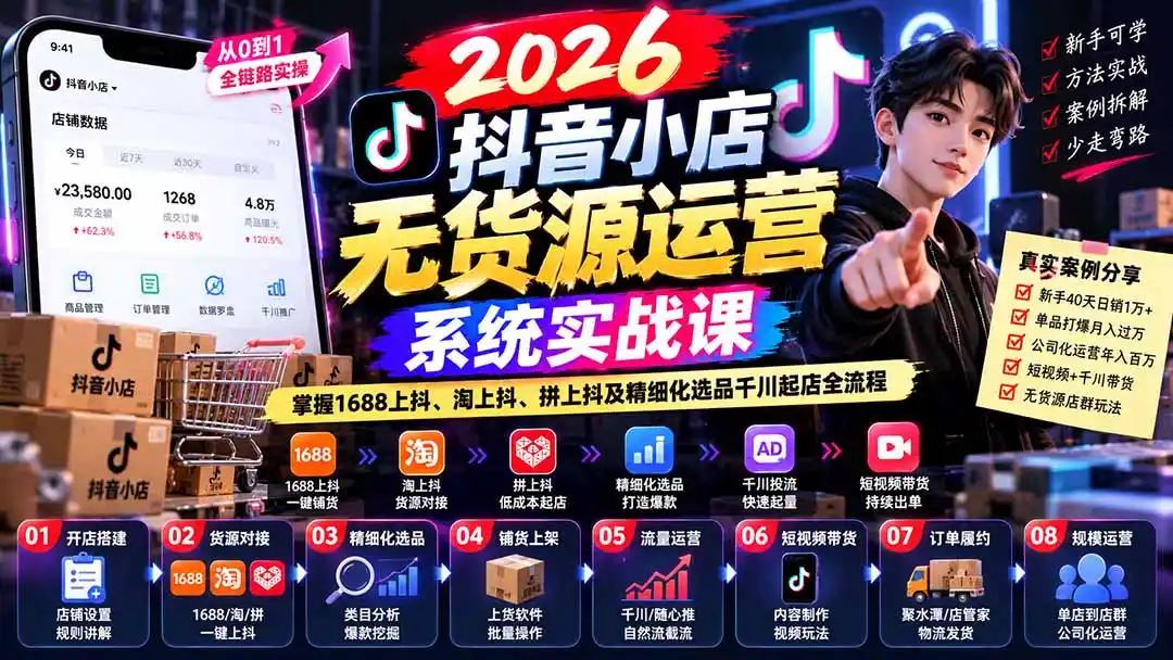 【无水印】2026抖音小店无货源运营系统实战课：掌握1688上抖、淘上抖、拼上抖及精细化选品千川起店全流程-创客联盟