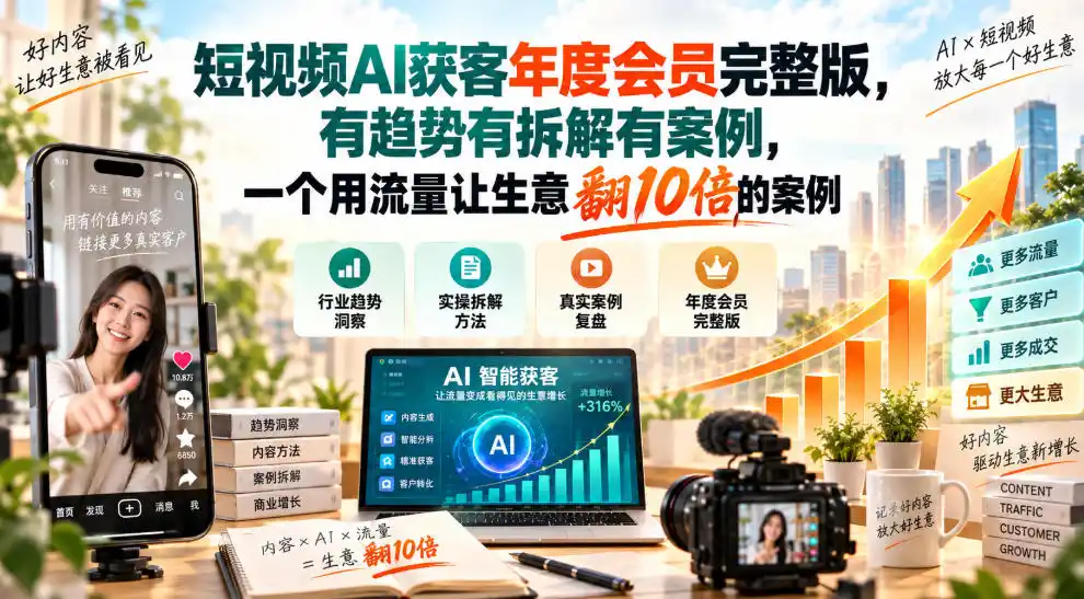短视频AI获客年度会员完整版,有趋势有拆解有案例,一个用流量让生意翻10倍的案例-创客联盟