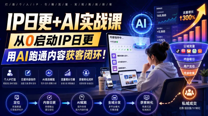 IP日更+AI实战课，从0启动IP日更，IP置顶视频制作+100条选题库搭建+10条日更规划，用AI跑通内容获客闭环!-创客联盟