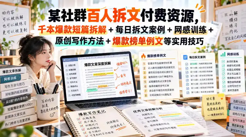 某社群百人拆文付费资源,千本爆款短篇拆解+每日拆文案例+网感训练+原创写作方法+爆款榜单例文等实用技巧(持续更新)-创客联盟