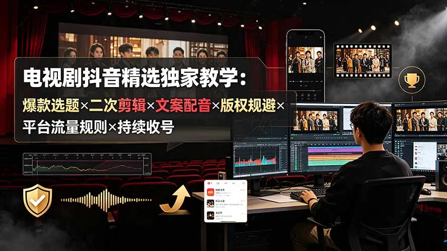 电视剧抖音精选独家教学：爆款选题×二次剪辑×文案配音×版权规避×平台流量规则×持续收益账号-创客联盟