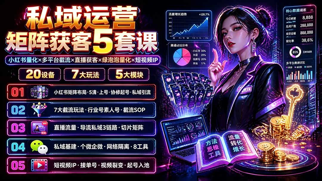 私域运营矩阵获客5套课：小红书量化×多平台截流×直播获客×绿泡泡量化×短视频IP×20设备×7大玩法-创客联盟