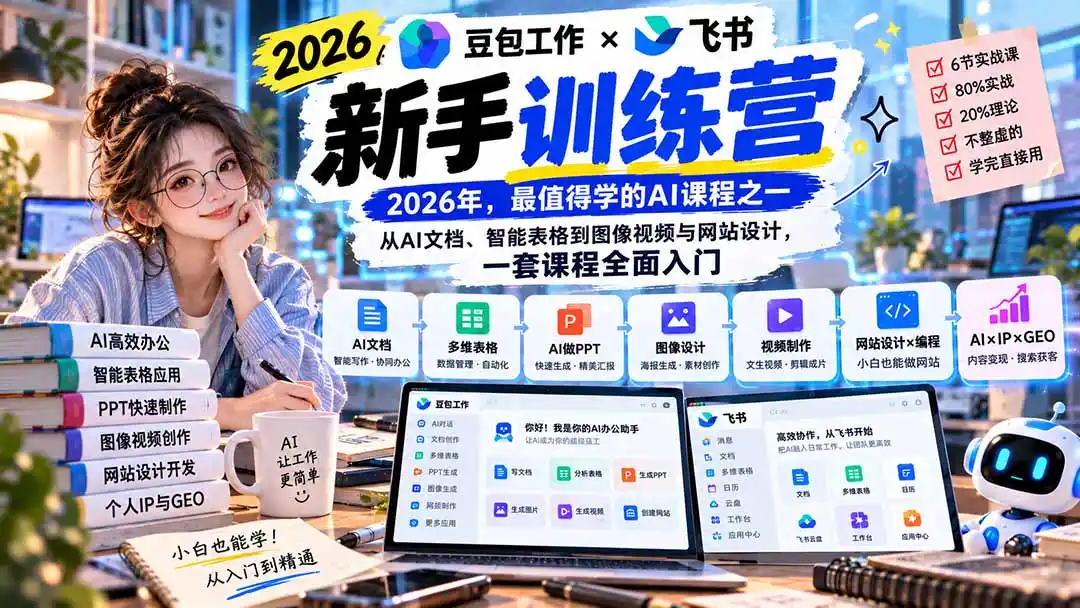 2026豆包工作+飞书新手训练营-9月新课:从AI文档、智能表格到图像视频与网站设计,一套课程全面入门-创客联盟