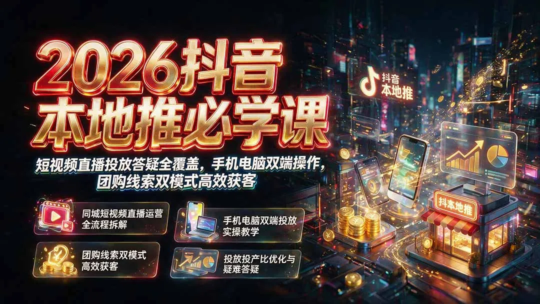 2026抖音本地推必学课｜短视频直播投放答疑全覆盖，手机电脑双端操作，团购线索双模式高效获客-创客联盟