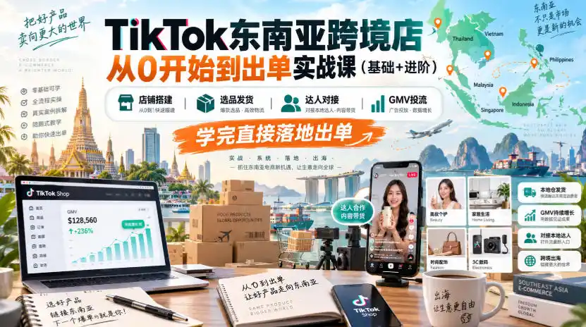 TikTok东南亚跨境店从0开始到出单实战课(基础+进阶),店铺搭建、选品发货、达人对接、GMV投流,学完直接落地出单-创客联盟