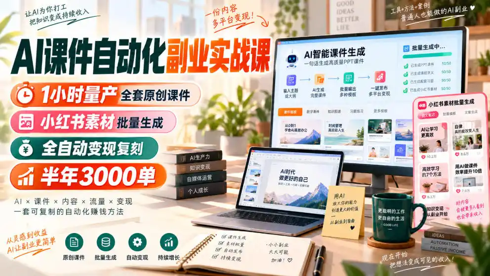 AI课件自动化副业实战课，1小时量产全套原创课件，小红书素材批量生成，全自动变现复刻，半年3000单-创客联盟