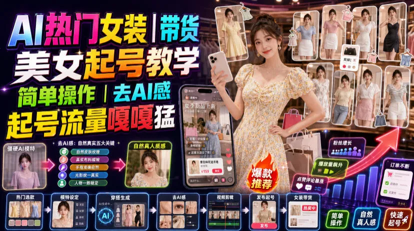 AI热门女装带货丨美女起号教学，简单操作，去AI感，起号流量嘎嘎猛-创客联盟
