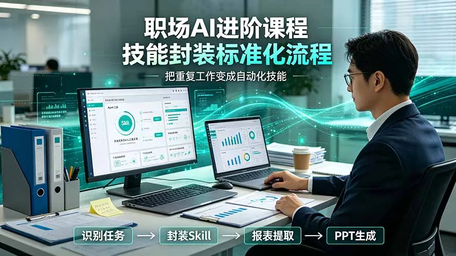 职场AI进阶课程；多类实用Skill工具实操，专属技能封装标准化流程，报表行业报告一键提取核心内容-创客联盟