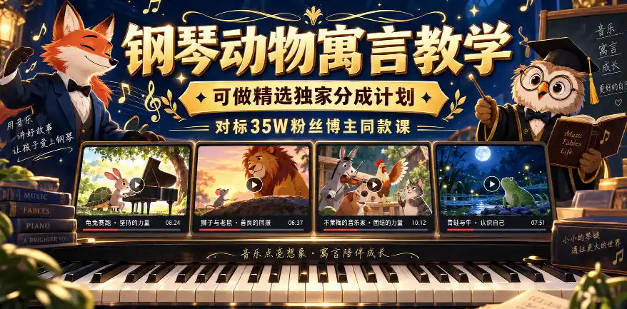 钢琴动物寓言教学,可做精选独家分成计划,对标35W粉丝博主同款课-创客联盟