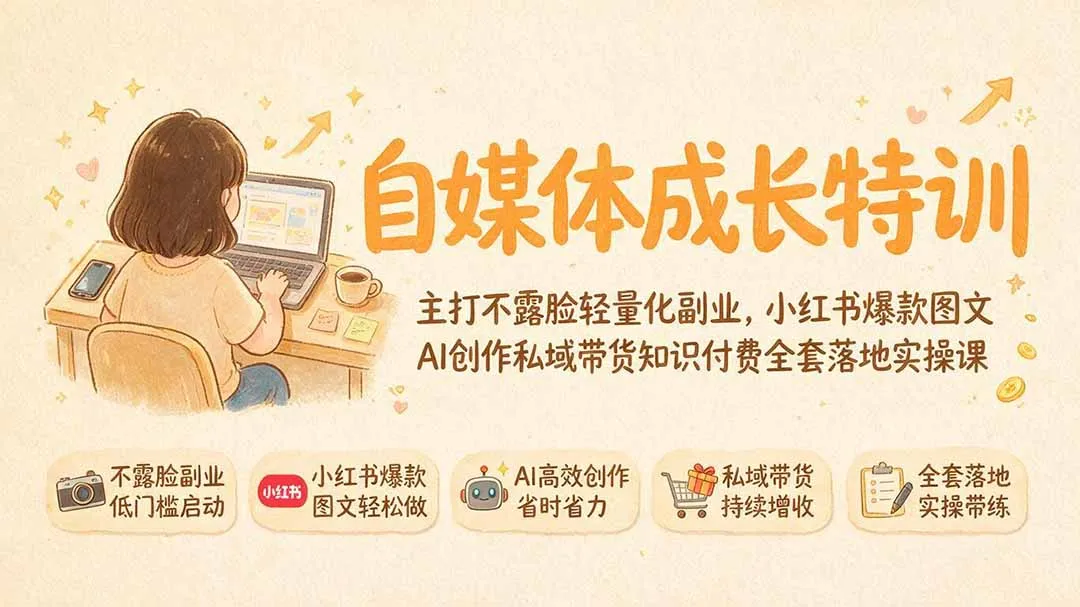 自媒体成长特训｜主打不露脸轻量化副业，小红书爆款图文AI创作私域带货知识付费全套落地实操课-创客联盟