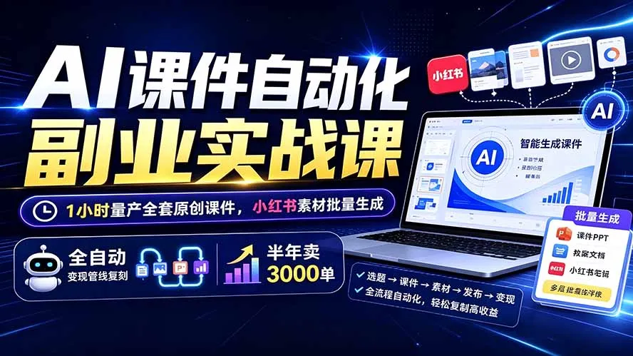 AI课件自动化副业实战课：1小时量产全套原创课件×小红书素材批量生成×全自动变现管线×半年卖3000单-创客联盟