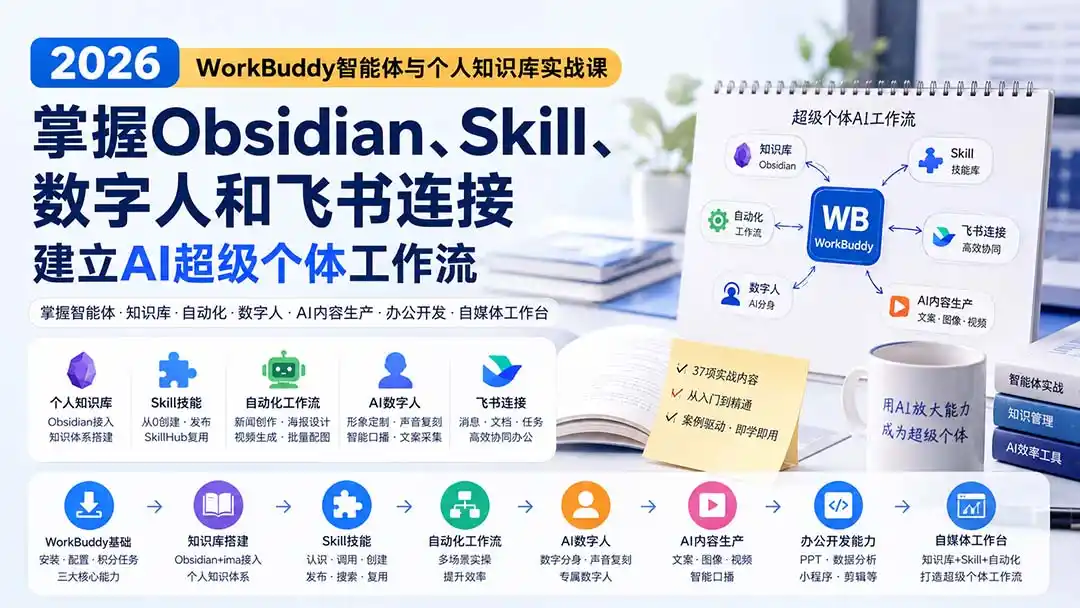 2026 WorkBuddy智能体与个人知识库实战课：掌握Obsidian、Skill、数字人和飞书连接，建立AI超级个体工作流-创客联盟