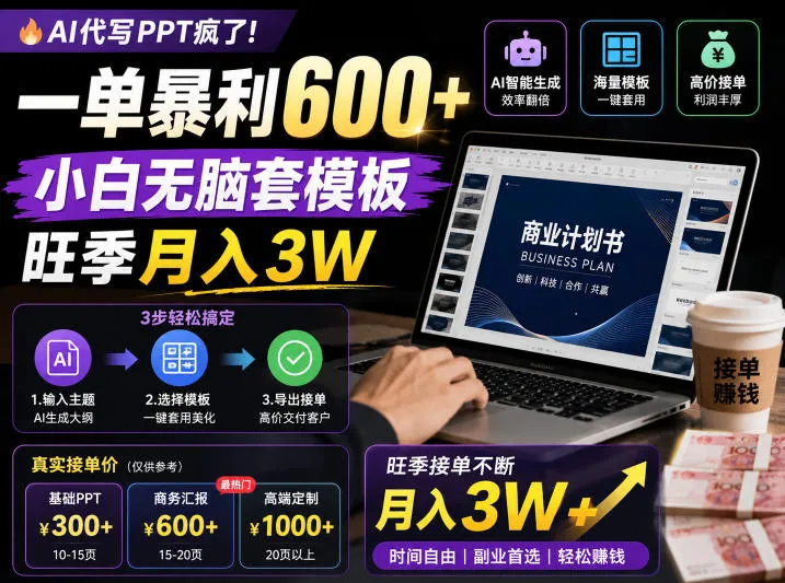 AI代写PPT疯了！一单暴利600+，小白无脑套模板，旺季月入3W，不用苦哈哈引流【揭秘】-云网创