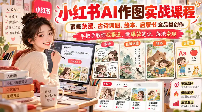 小红书AI作图实战课程，覆盖条漫、古诗词图、绘本、启蒙书全品类创作，手把手教你找赛道、做爆款笔记、落地变现-创客联盟