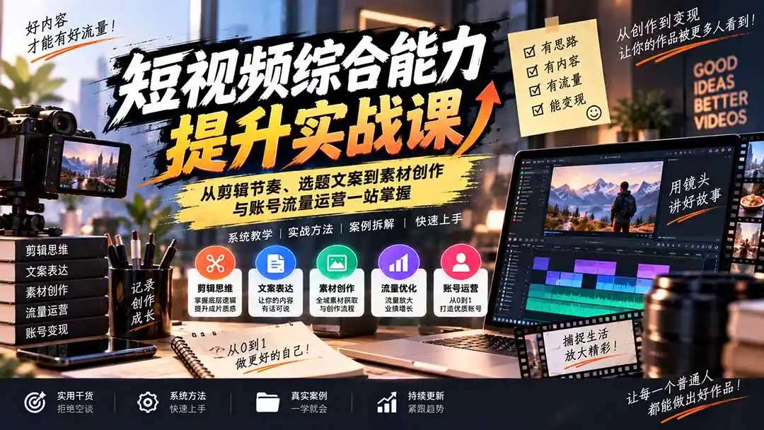 短视频综合能力提升实战课:从剪辑节奏、选题文案到素材创作与账号流量运营一站掌握-创客联盟