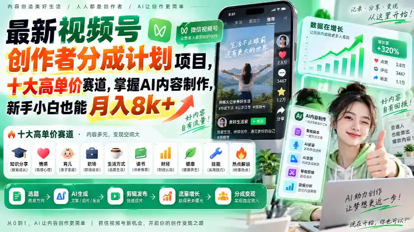 最新视频号创作者分成计划项目，十大高单价赛道，掌握AI内容制作，新手小白也能月入8k+-创客联盟