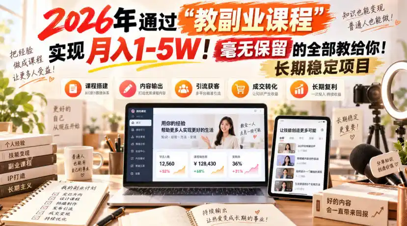 2026年通过“教副业课程”实现月入1-5W!毫无保留的全部教给你!长期稳定项目-创客联盟