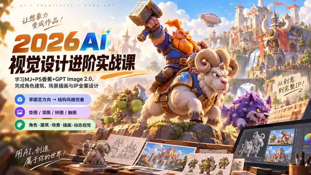 2026AI视觉设计进阶实战课-更新：学习MJ+PS香蕉+GPT Image 2.0，完成角色建筑、场景插画与IP全案设计-创客联盟