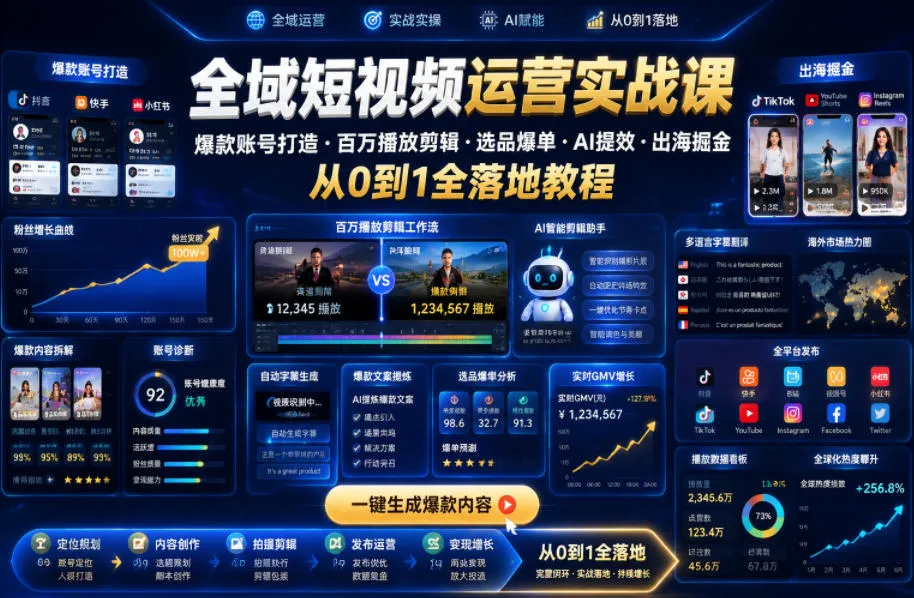 全域短视频运营实战课，爆款账号打造・百万播放剪辑・选品爆单・AI提效・出海掘金，从0到1全落地教程-云网创