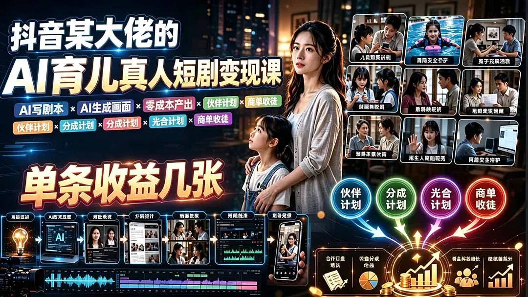 AI育儿真人短剧变现课：AI写剧本×AI生成画面×零成本产出×伙伴计划×分成计划×光合计划×商单收徒-创客联盟