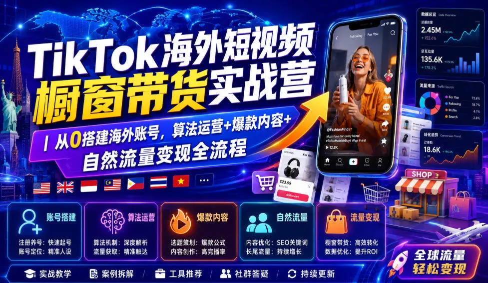 TikTok海外短视频橱窗带货实战营｜从0搭建海外账号，算法运营+爆款内容+自然流量变现全流程-创客联盟