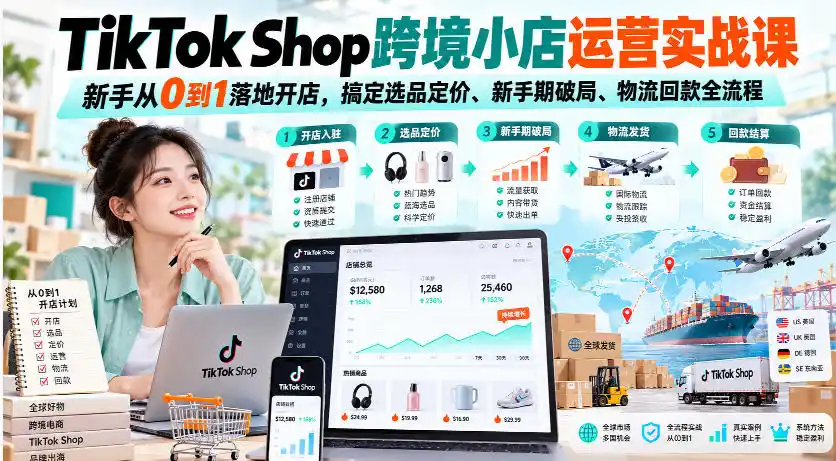 TikTok Shop跨境小店运营实战课,新手从0到1落地开店,搞定选品定价、新手期破局、物流回款全流程-创客联盟
