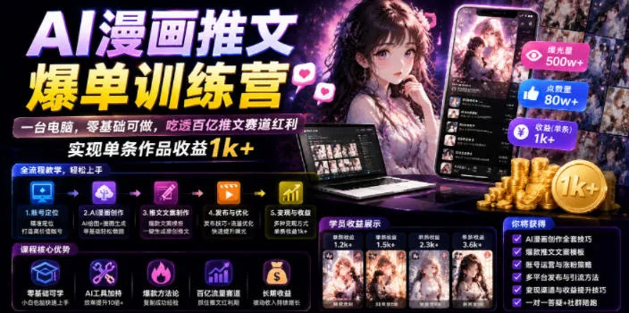 AI漫画推文爆单训练营,一台电脑,零基础可做,吃透百亿推文赛道红利,实现单条作品收益1k+-创客联盟