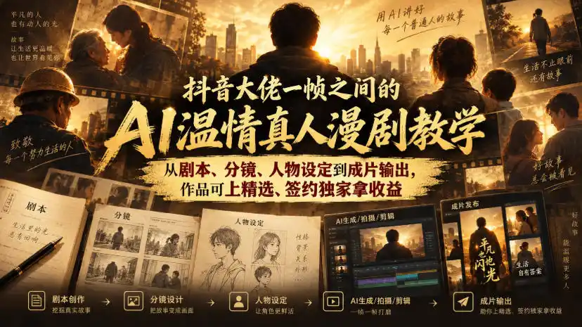 抖音大佬一帧之间的AI温情真人漫剧教学,从剧本、分镜、人物设定到成片输出,作品可上精选、签约独家拿收益-创客联盟