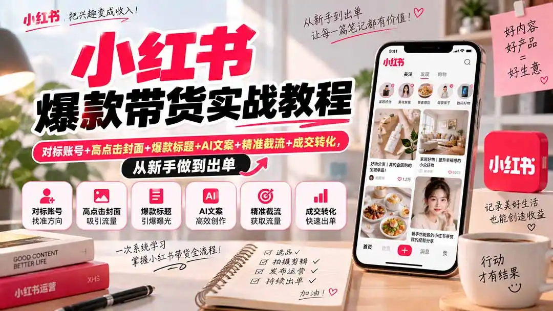 小红书爆款带货实战教程|对标账号+高点击封面+爆款标题+AI文案+精准截流+成交转化,从新手做到出单-创客联盟