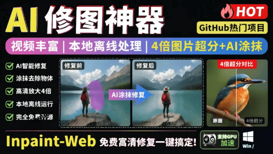 本地离线处理，4倍图片超分+AI涂抹去水印！Github上热门神器，免费高清修复图一键搞定！Inpaint-Web-创客联盟