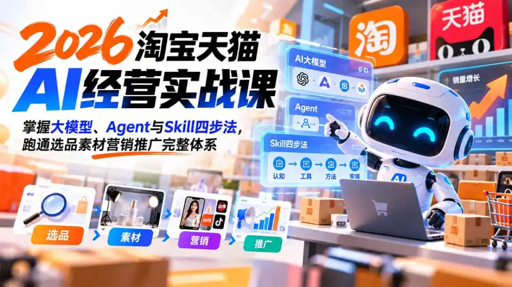 【无水印】2026淘宝天猫AI经营实战课:掌握大模型、Agent与Skill四步法,跑通选品素材营销推广完整体系-创客联盟