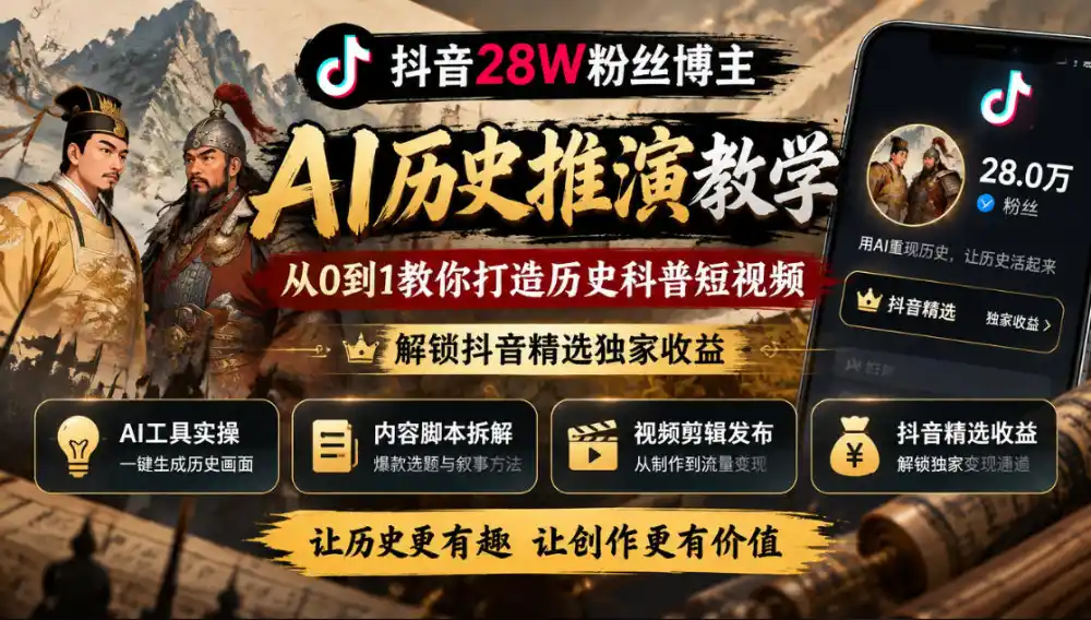 抖音28W粉丝博主的AI历史推演教学，从0到1教你打造历史科普短视频，解锁抖音精选独家收益-创客联盟