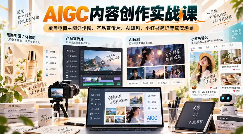 AIGC内容创作实战课,覆盖电商主图详情图、产品宣传片、AI短剧、小红书笔记等真实场景