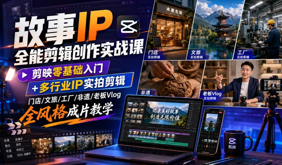故事IP全能剪辑创作实战课｜剪映零基础入门+多行业IP实拍剪辑，门店/文旅/工厂/非遗/老板Vlog全风格成片教学-创客联盟