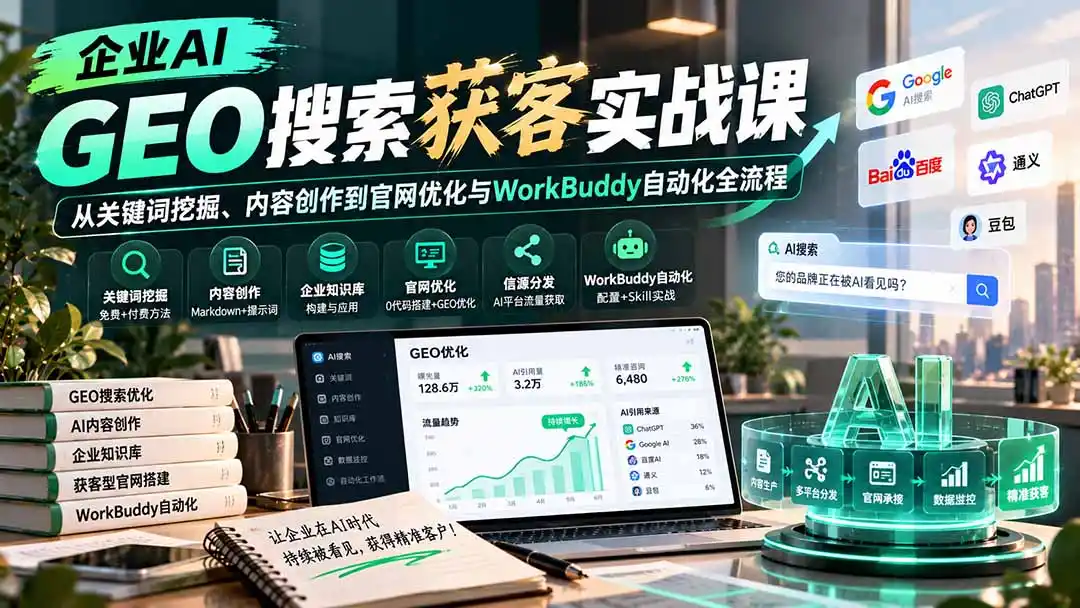 企业AI GEO搜索获客实战课：从关键词挖掘、内容创作到官网优化与WorkBuddy自动化全流程-创客联盟
