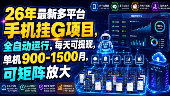 26年最新多平台手机挂G项目，全自动运行，每天可提现，单机900-1500月，可矩阵放大【揭秘】-创客联盟