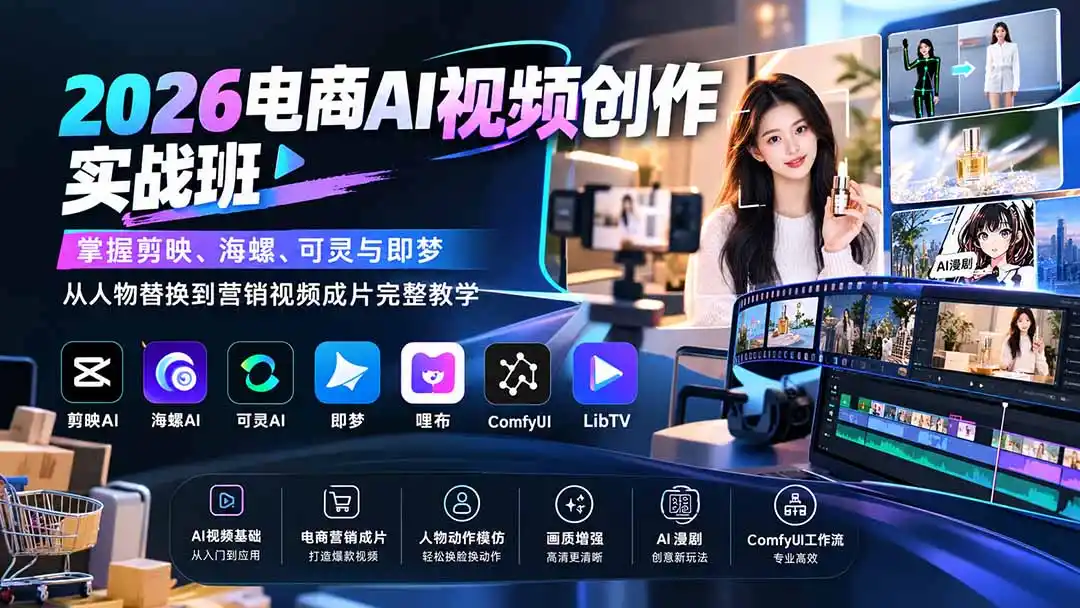 2026电商AI视频创作实战班：掌握剪映、海螺、可灵与即梦，从人物替换到营销视频成片完整教学-创客联盟
