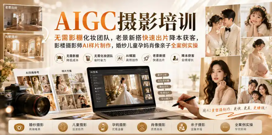 AIGC摄影培训｜无需影棚化妆团队，老景新搭快速出片降本获客，影楼摄影师AI样片制作，婚纱儿童孕妈肖像亲子全案例实操-创客联盟
