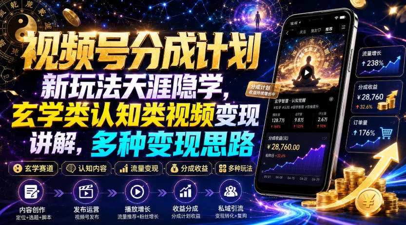 视频号分成计划新玩法天涯隐学，玄学类认知类视频变现讲解，多种变现思路-创客联盟
