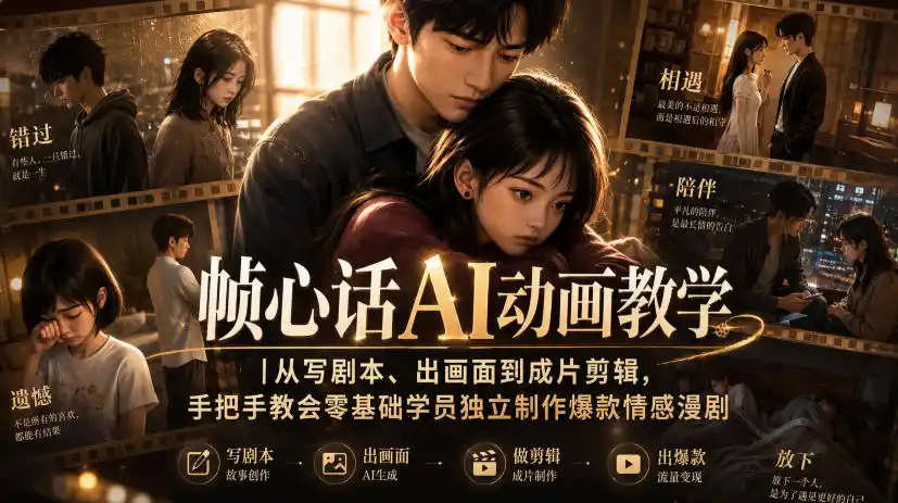 帧心话AI动画教学｜从写剧本、出画面到成片剪辑，手把手教会零基础学员独立制作爆款情感漫剧-创客联盟