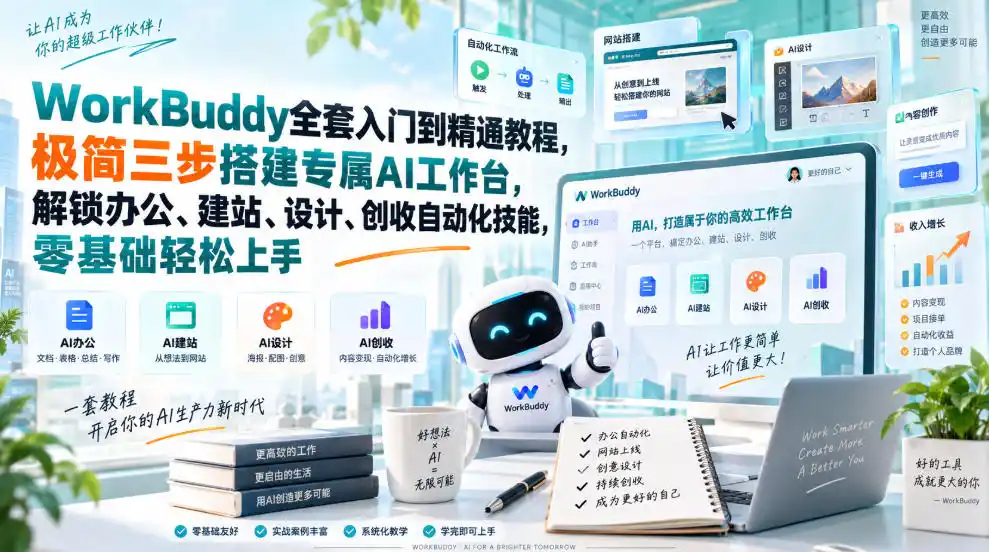 WorkBuddy全套入门到精通教程，极简三步搭建专属AI工作台，解锁办公、建站、设计、创收自动化技能，零基础轻松上手-创客联盟