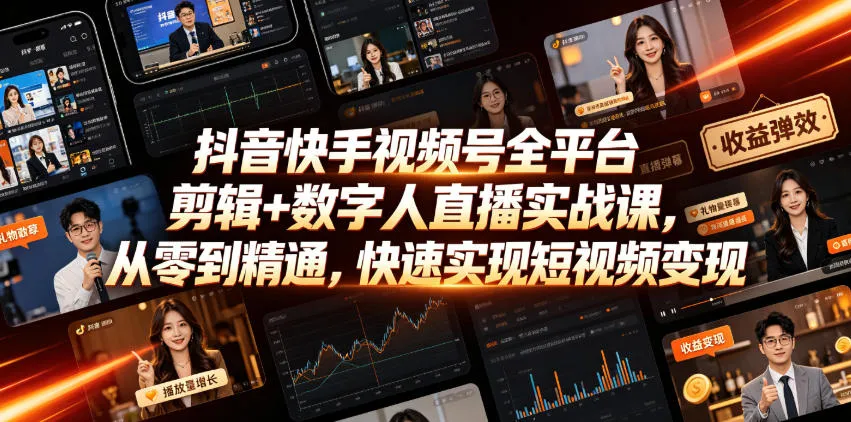 抖音快手视频号全平台剪辑+数字人直播实战课，从零到精通，快速实现短视频变现(更新2026年6月)-创客联盟