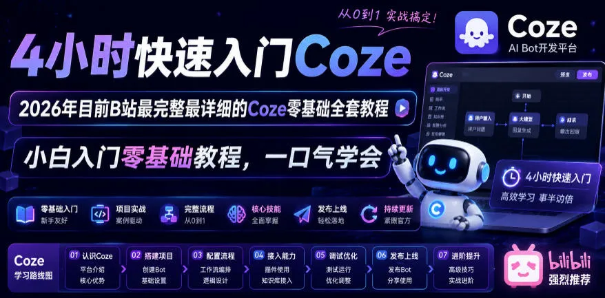4小时快速入门Coze！2026年目前B站最完整最详细的Coze零基础全套教程，小白入门零基础教程，一口气学会！-云网创