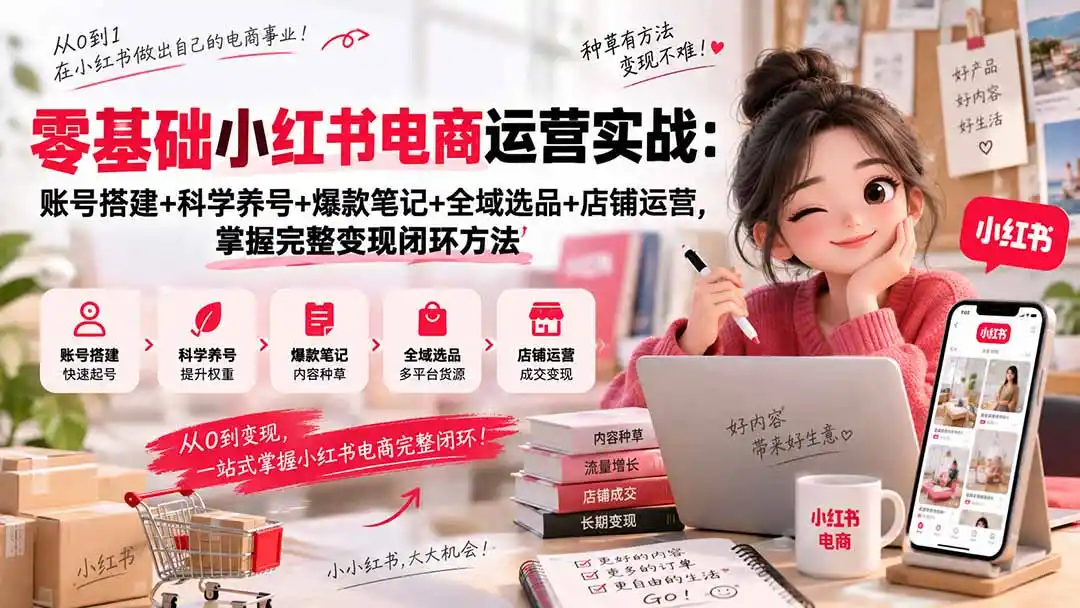 零基础小红书电商运营实战：账号搭建+科学养号+爆款笔记+全域选品+店铺运营，掌握完整变现闭环方法-创客联盟