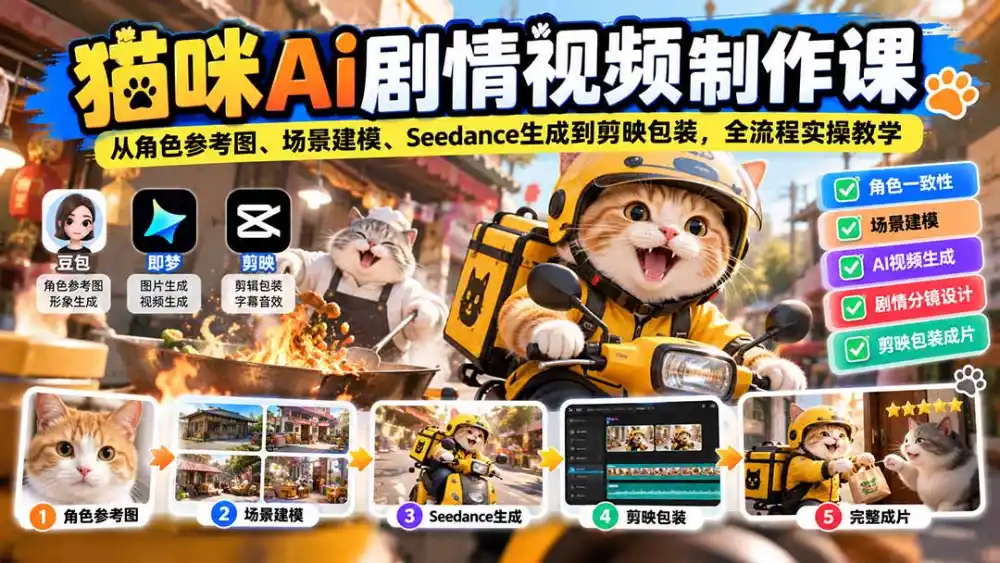 猫咪AI剧情视频制作课:从角色参考图、场景建模、Seedance生成到剪映包装,全流程实操教学-创客联盟