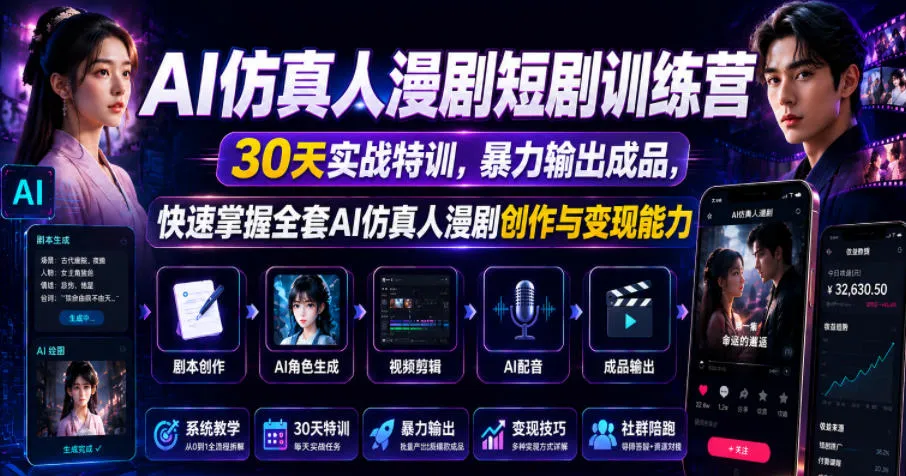 AI仿真人漫剧短剧训练营，30天实战特训，暴力输出成品，快速掌握全套AI仿真人漫剧创作与变现能力-云网创
