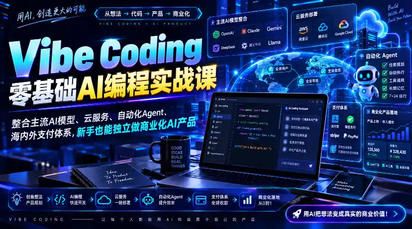 Vibe Coding零基础AI编程实战课-无水印,整合主流AI模型、云服务、自动化Agent、海内外支付体系,新手也能独立做商业化AI产品-创客联盟
